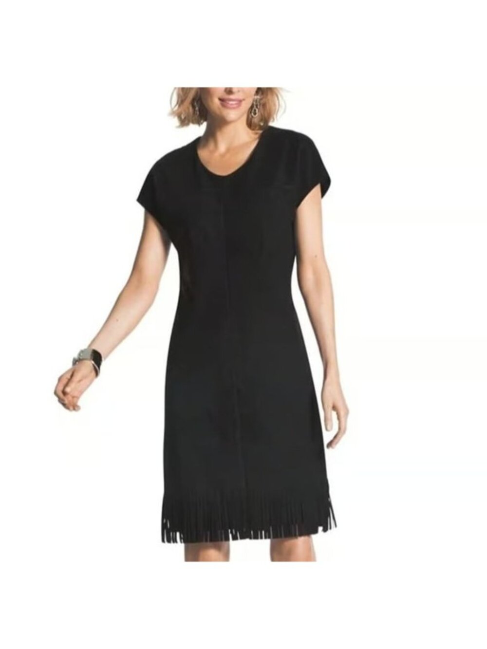 Chico's Mini Dress Size Small 0 Faux Suede Short Sleeve Fringe Hem Black Dark
